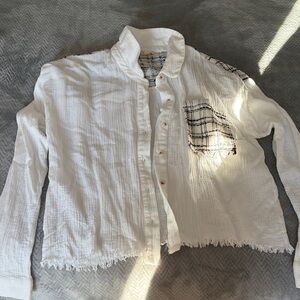 White Button-Up Shirt with Plaid Pocket